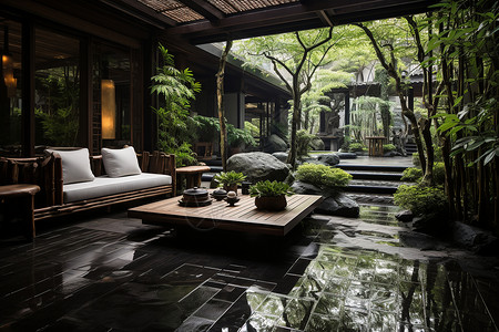 精致的中庭设计竹木对比宁静空间背景图片