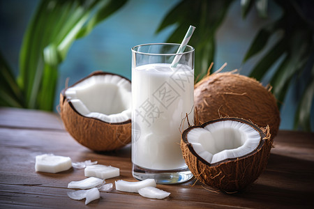 木制餐桌上的椰子与牛奶高清图片