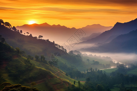 日出迷雾笼罩的山间景观背景图片