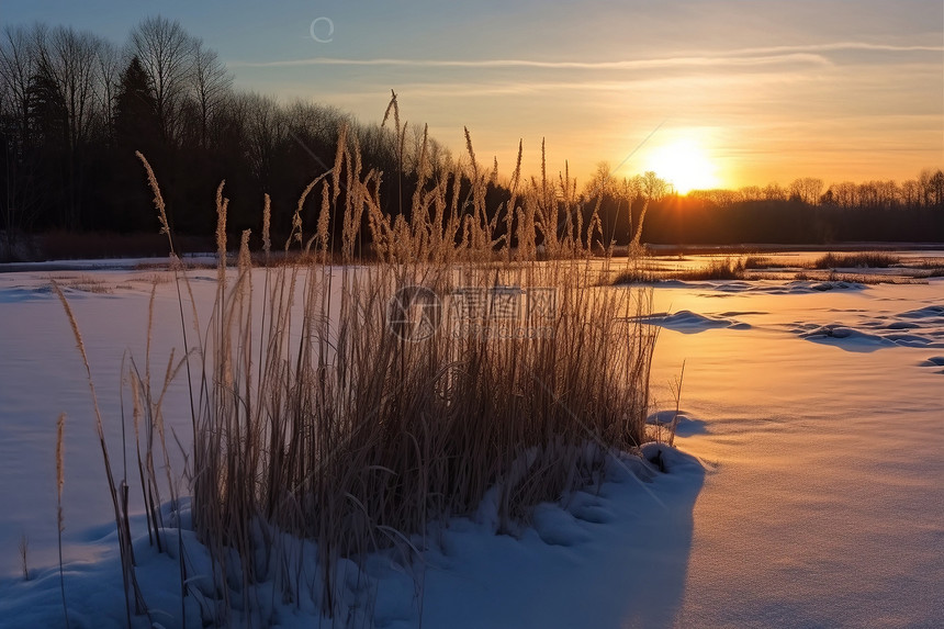 冬季乡村芦苇塘的自然景观图片