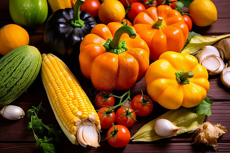 玉米丰收素材秋日丰收的多彩蔬果背景