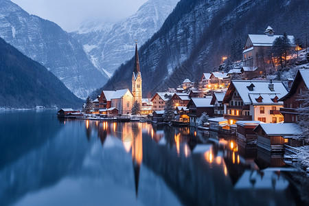 冬季的湖畔村庄高清图片