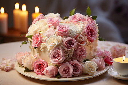 玫瑰花装饰的蛋糕背景图片