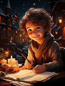 圣诞夜晚书写贺卡的男孩背景图片