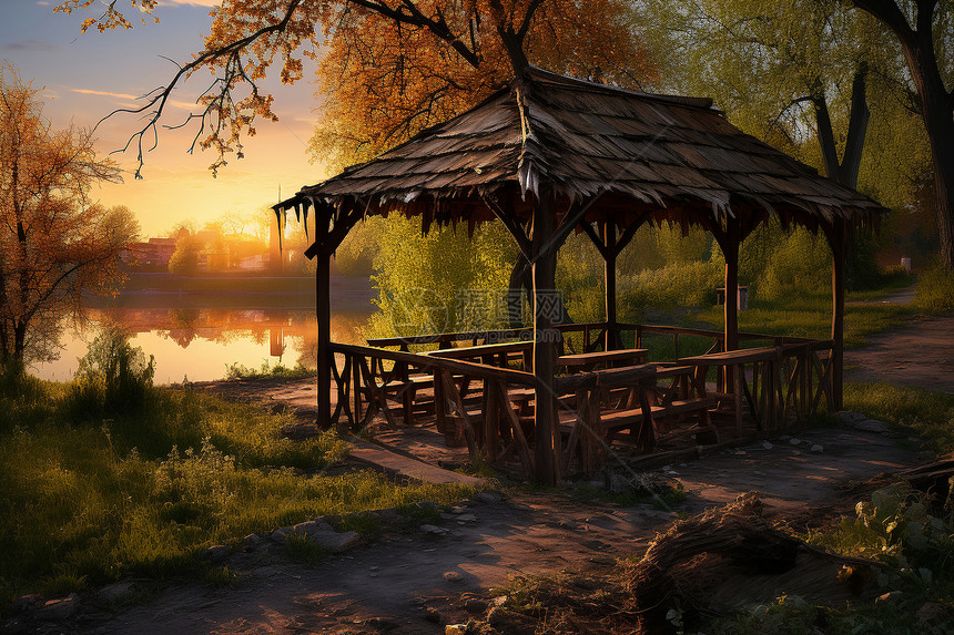 夕阳下的湖畔茅草亭图片