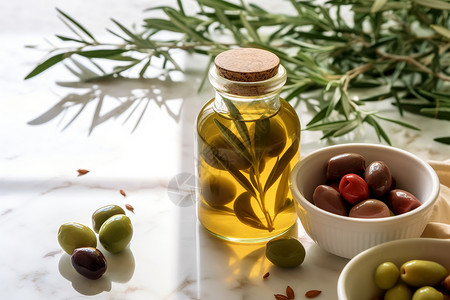 新鲜现榨健康饮食的橄榄油背景