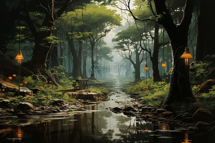 夏季静谧林间的溪流插图图片