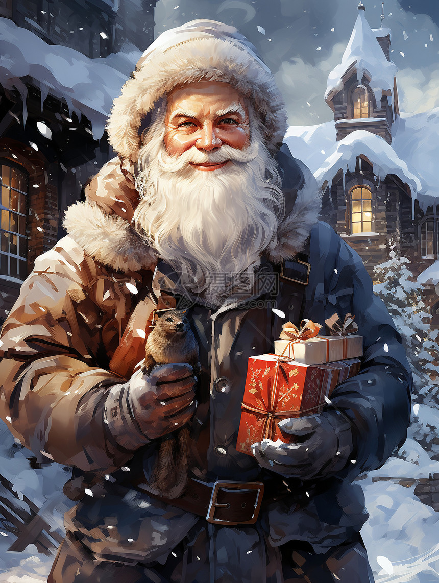 雪中圣诞老人送礼物艺术插图图片