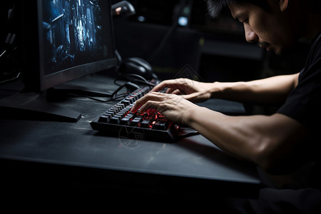 在黑暗中用电脑键盘打字的男人背景图片