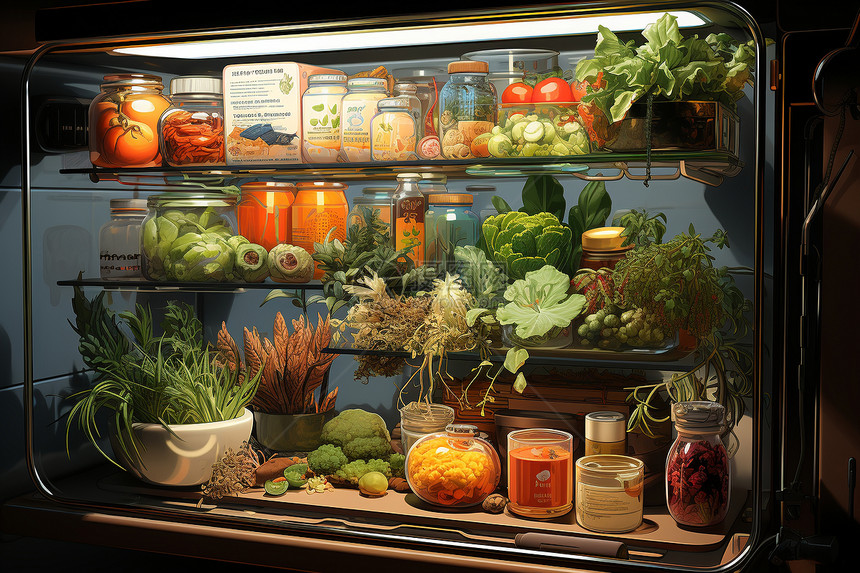 橱柜中的新鲜蔬菜和食物图片