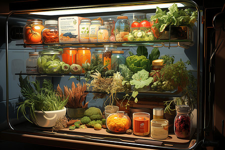 橱柜中的新鲜蔬菜和食物背景图片