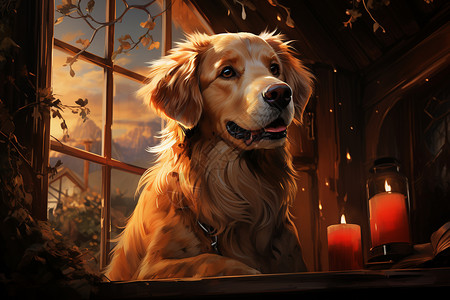 坐着的小狗在窗户前点着蜡烛的狗狗插画