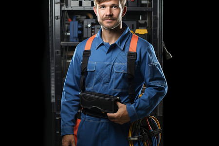 站在电工装备前的男人背景图片