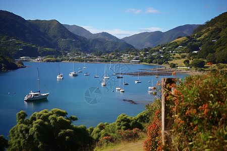 丛山之中蔚蓝海水的海洋景观背景