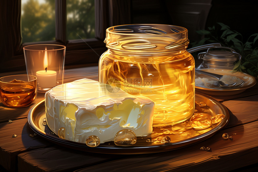 摆放在玻璃罐里的蜂蜜和蛋糕图片