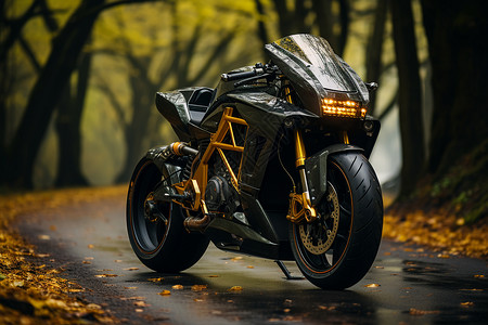 酷炫素材背景深林中的氢燃料摩托近景摩托车视角街道背景现代风格自然光线背景