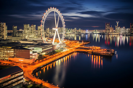 夜晚城市中的摩天轮和大楼背景图片