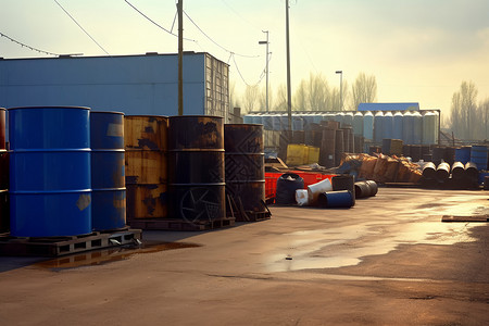 废物处理厂中堆放的油桶高清图片