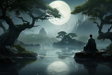 月夜孤坐的古代诗人背景图片