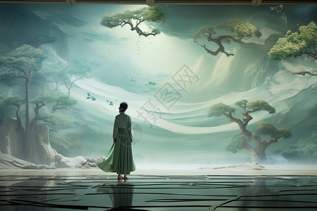 山水仙境梦幻的山水中汉服背景设计图片
