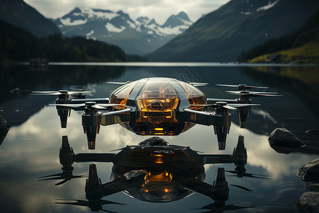 湖面悬浮的氢气无人机背景图片