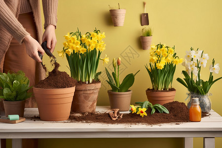 春季桌面上栽培的盆栽背景图片
