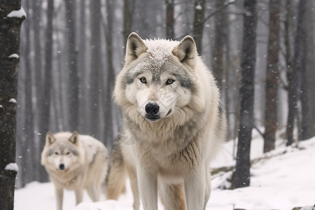 冬季林间觅食的白狼高清图片
