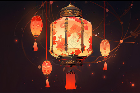 红色花纹装饰喜庆的花纹装饰灯笼插画