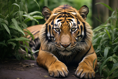 绿影中艳丽斑纹丛林中躺卧的老虎高清图片