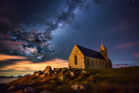 浩瀚天空下的欧式教堂背景图片