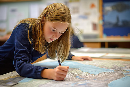 地理数据在画地图的女孩背景