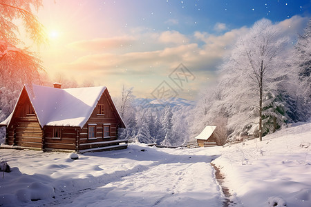 冰雪中的温馨小屋背景图片