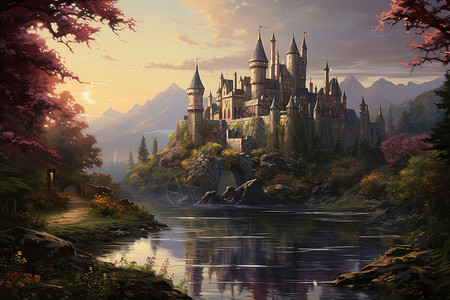 湖边的古堡背景图片