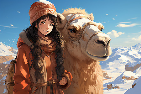 雪地中的骆驼与女孩背景图片