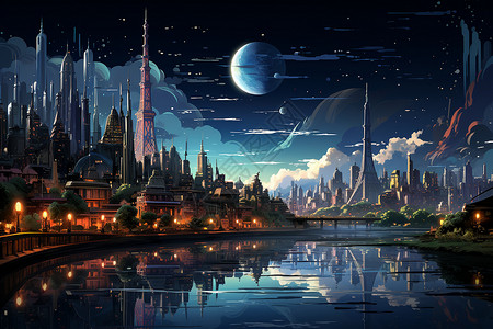 夜幕下的科技感城市背景图片