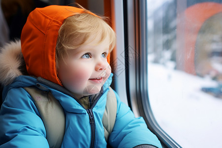 冬季坐火车出游的小男孩背景图片