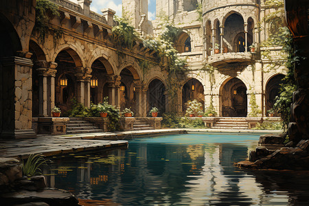 魔幻色彩的中世纪城堡油画背景图片