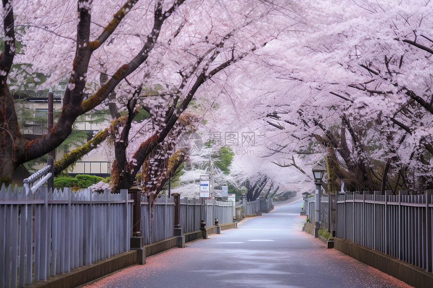 日本北秋田的樱花街景图片