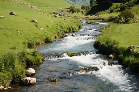 翠绿山坡河流的美丽景观高清图片