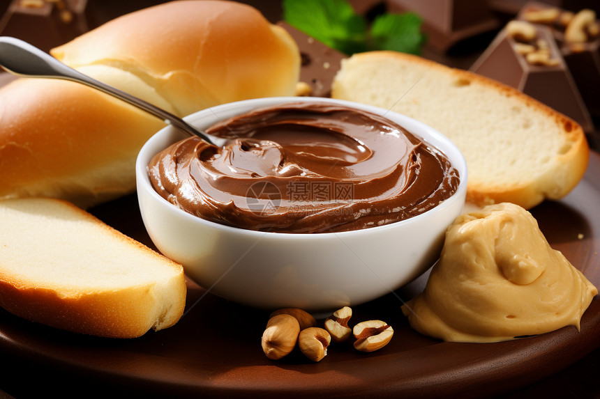 餐盘中的巧克力蘸酱面包图片