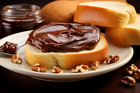 营养早餐的巧克力蘸酱面包背景图片