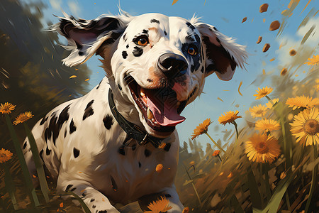 斑点犬奔跑野花丛背景图片