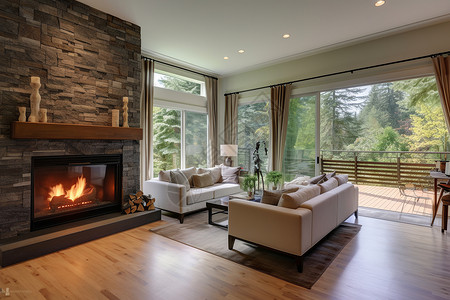 林间景致的壁炉客厅背景图片