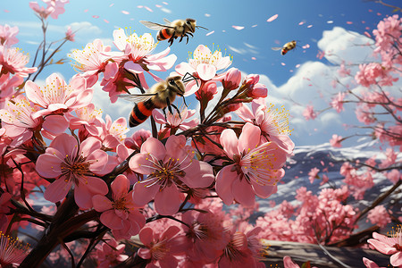 繁花中的蜜蜂背景图片