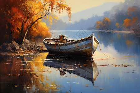 河边沉静木船的插画背景图片