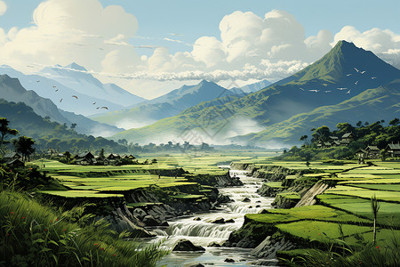 青山绿水间的农田背景图片