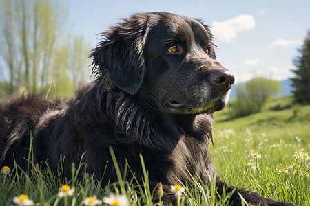 草坪上的小黑狗背景图片