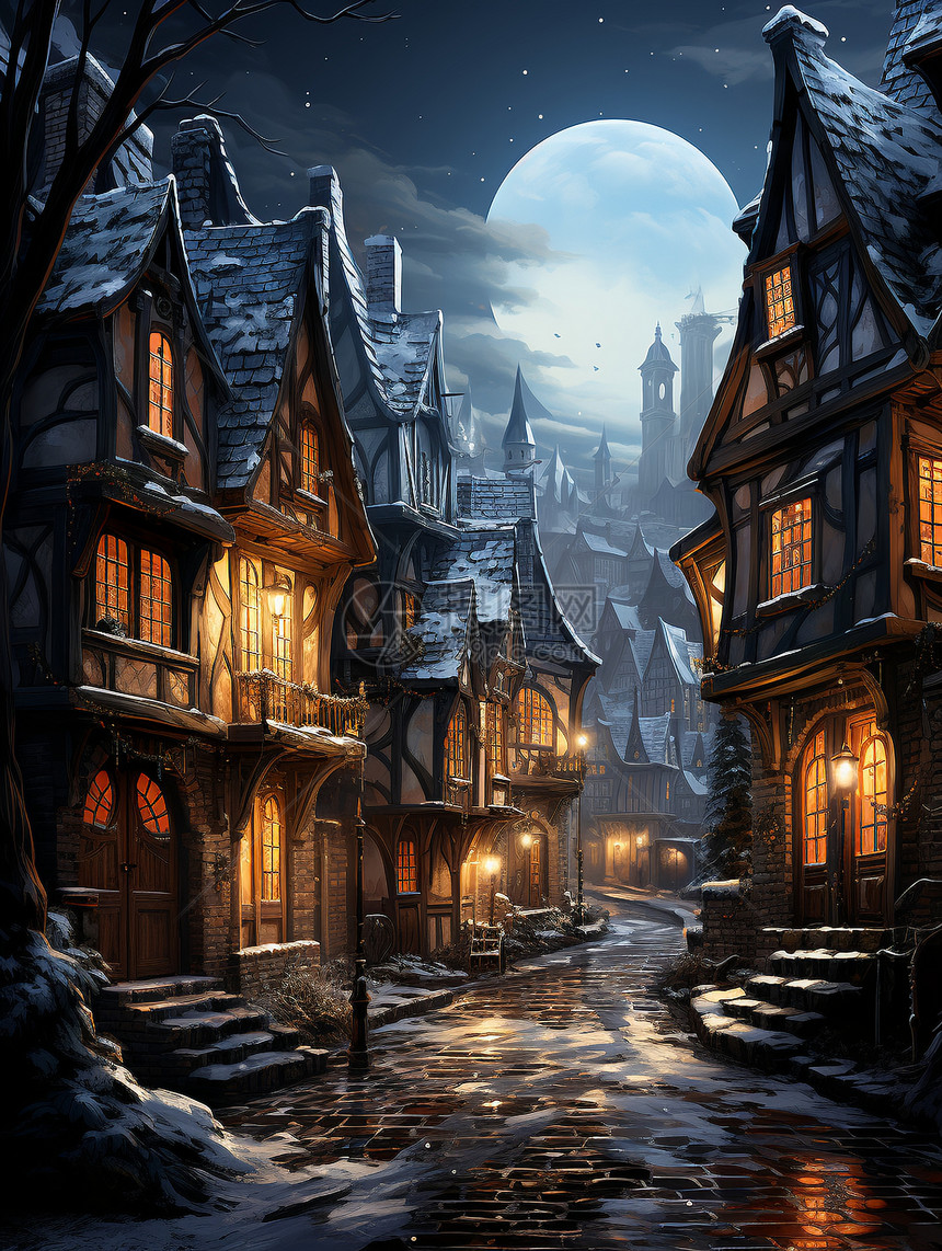 冬季夜晚的村庄图片