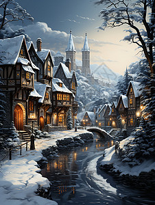 村庄奇幻雪景背景图片