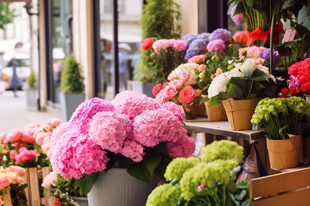 鲜花店铺繁华街头的花店背景